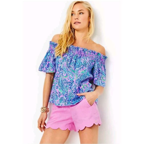 Lilly Pulitzer Linen Top Womens Large Leanne Off the Shoulder Lilac Rose We Merm - Picture 1 of 7